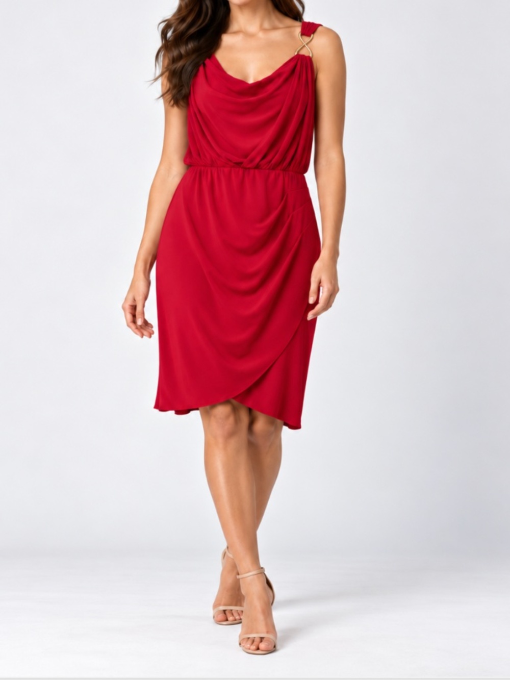 Scarlett Red Draped Cowl Neck Cocktail Dress Gold Detail Size 8